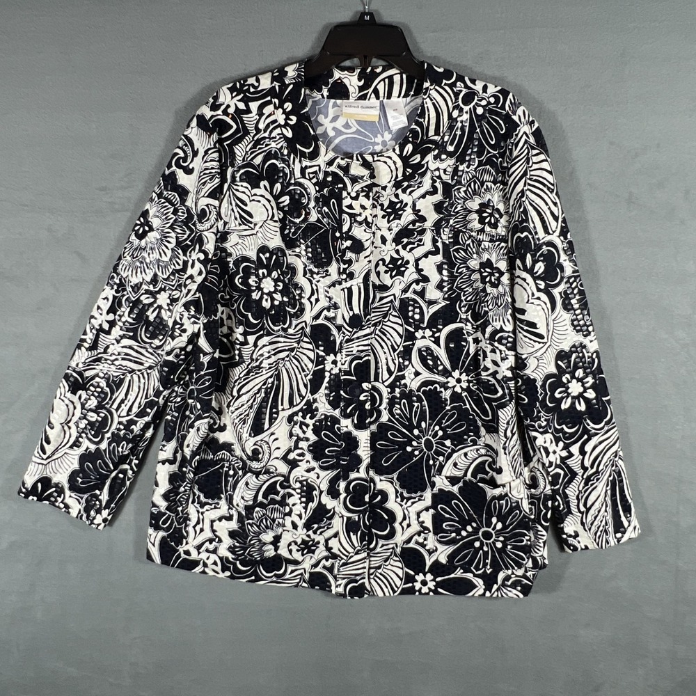 Alfred Dunner Woman 20W Plus Size Black White Floral Button Up Blouse Top